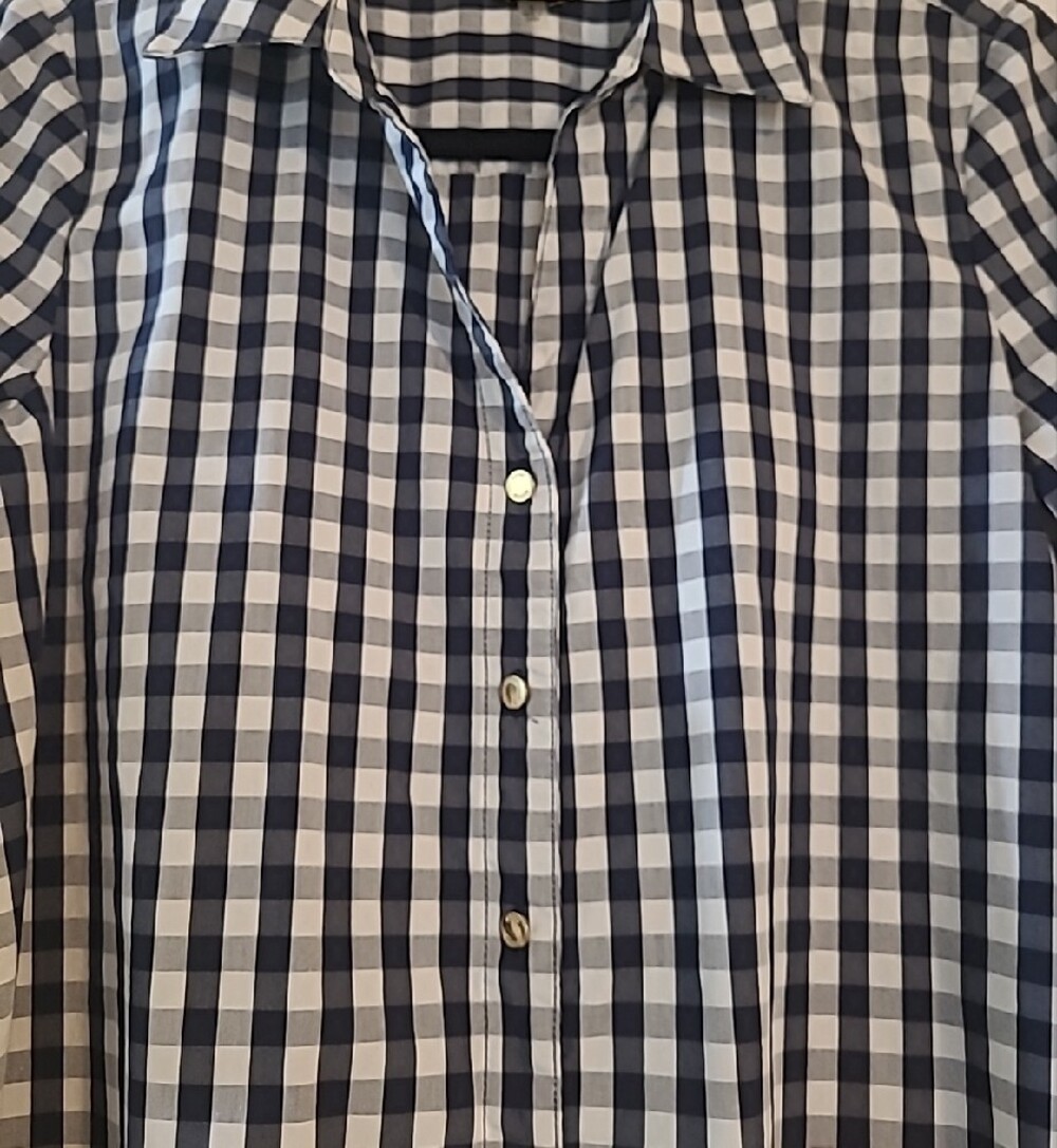 Anne Klein Navy and White Gingham Button-Front Tie Hem Shirt - Picture 4 of 6
